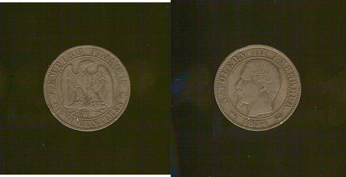 Cinq centimes Napoléon III, tête nue 1854 Lille TB+ à TTB